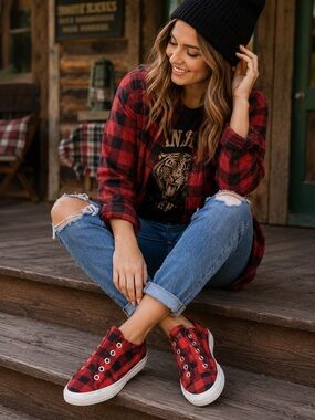Blowfish Malibu Play Red Buffalo‎ Check Plaid Slip On Sneakers Womens 7 NEW